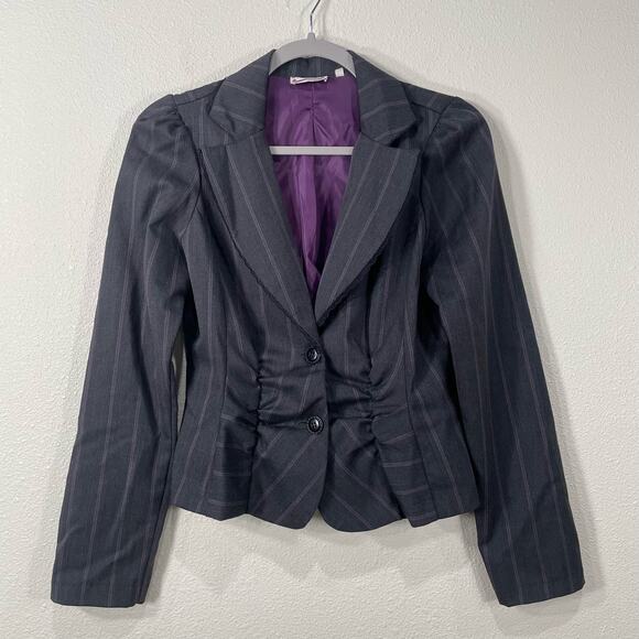 Vintage Y2k Gray Purple Pinstripe Lace Trim Blazer Visual Kei Whimsigoth Alt M - Picture 1 of 6